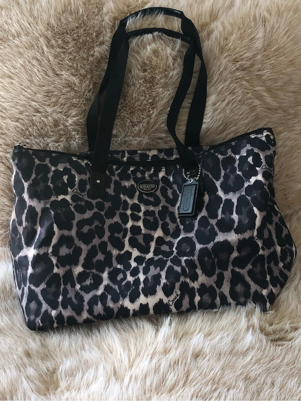 Coach Leopard-Print Nylon Travel Tote | Black, Gray, Taupe | NWT - Picture 1 of 11